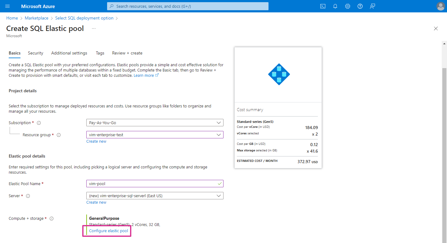 Configure elastic pool